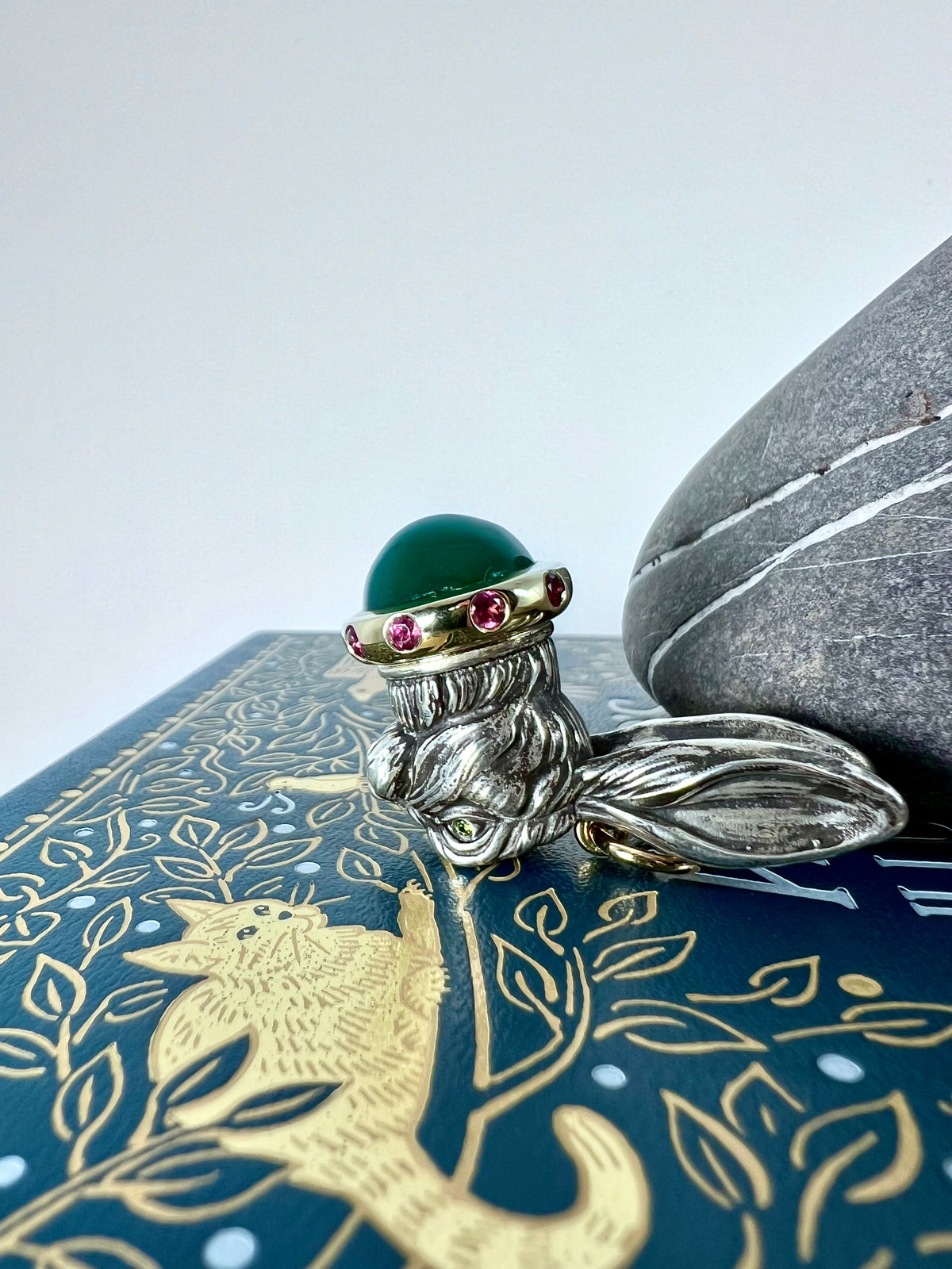 Rabbit Queen Pendant with Green Agate and Pink Tourmaline | Aesop Gems